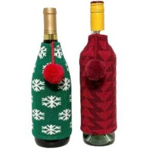 Wine Bottle Sweater Koozie with Pompoms Holiday Christmas 7 x 3.5 inch Set of 2